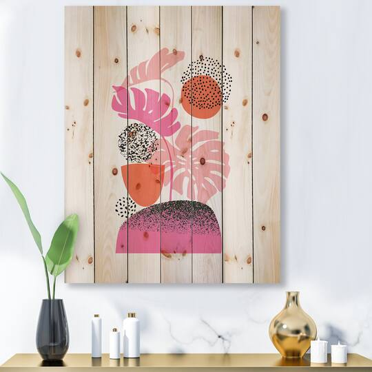 Designart - Geometric Moon & Sun Shapes With Tropical Leaves - Modern Print on Natural Pine Wood